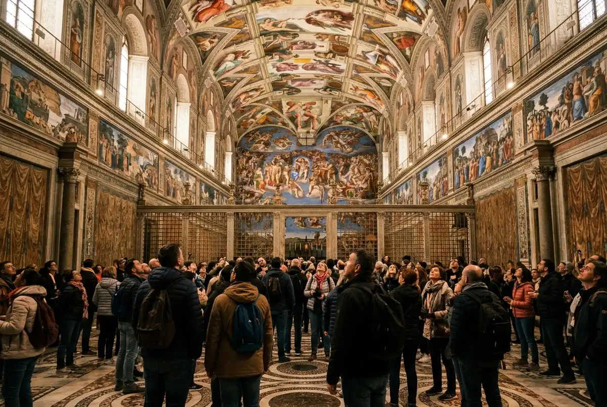 Visitors looking up at the Sistine Chapel ceiling inside the Vatican Museums, soft interior light, does vatican museum ticket include sistine chapel scene