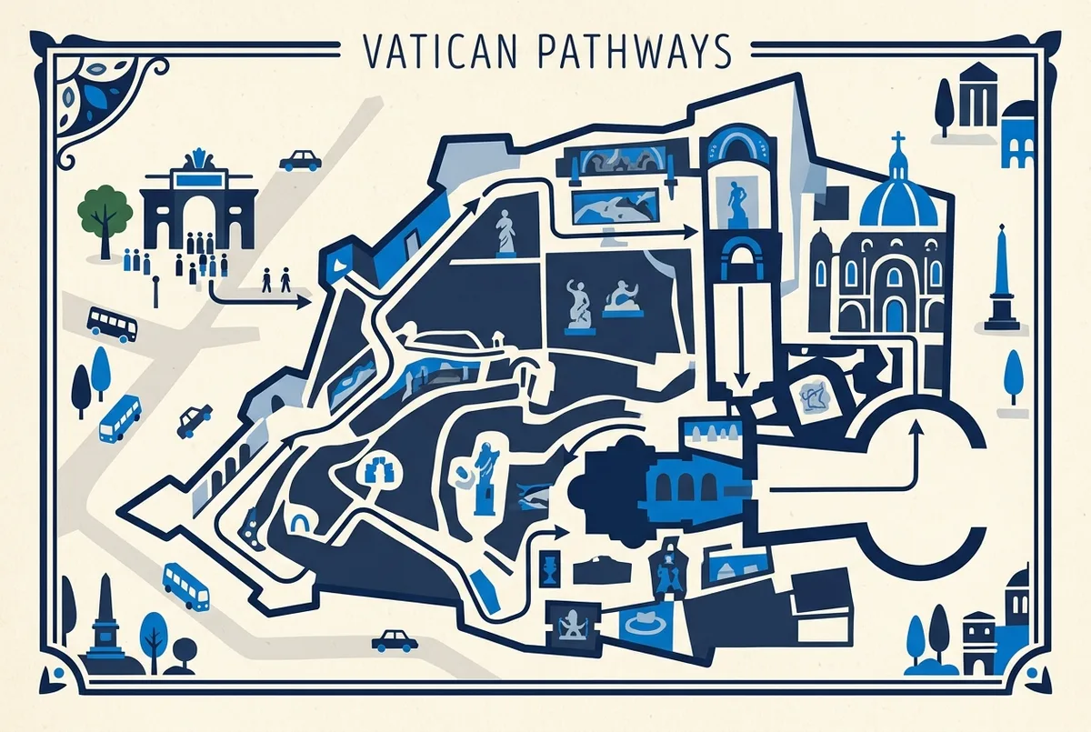 Simple route map from the Vatican Museums entrance through the main galleries, ending at the Sistine Chapel, does vatican museum ticket include sistine chapel route