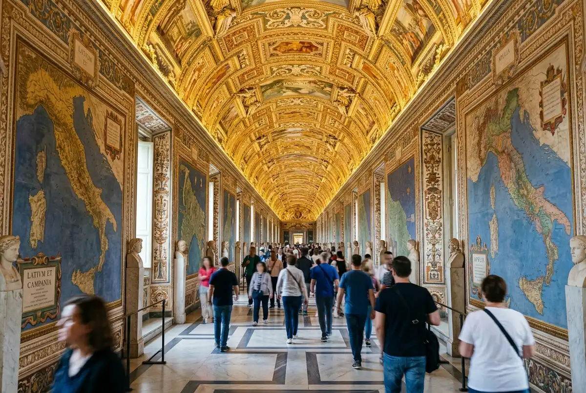 Long view down the gallery of maps vatican museums corridor showing painted topographical panels along both walls and a gilded ceiling overhead