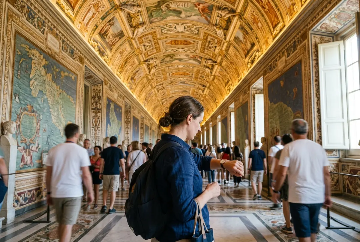 Traveler checking a wristwatch inside a Vatican Museums gallery with a painted ceiling overhead, soft afternoon light, how long does a vatican visit take