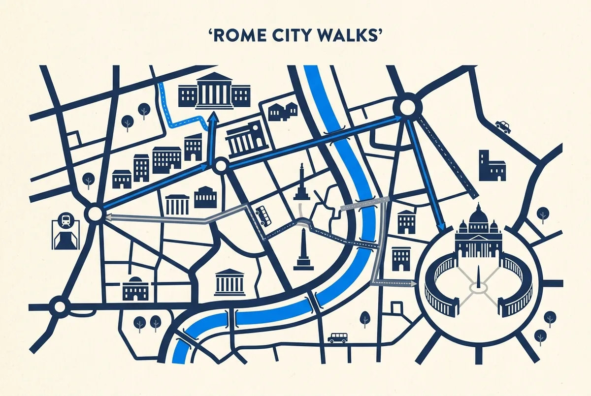 Simple infographic-style map contrasting the walking route from Ottaviano-San Pietro metro station to the Vatican Museums entrance against the separate route to St Peter's Square, minimal labeled icons, editorial style, no statistics