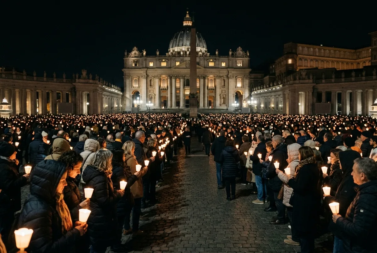 Candlelit crowd gathered in St Peter's Square at night for midnight mass at the Vatican, warm glow from basilica windows, no faces identifiable