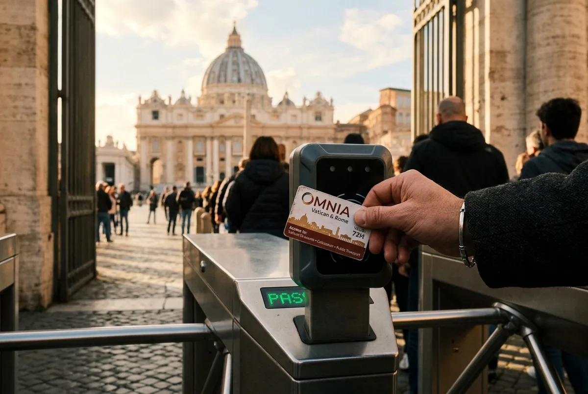 Viaggiatore che mostra l'omnia card roma alla fermata di un bus turistico a due piani vicino al Colosseo, luce del tardo pomeriggio a Roma