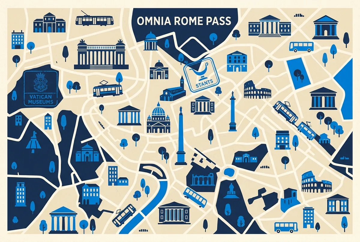 Mappa illustrata di Roma con le fermate del bus turistico, il Vaticano e il Colosseo collegati da linee tratteggiate, stile infografica con etichette generiche senza prezzi