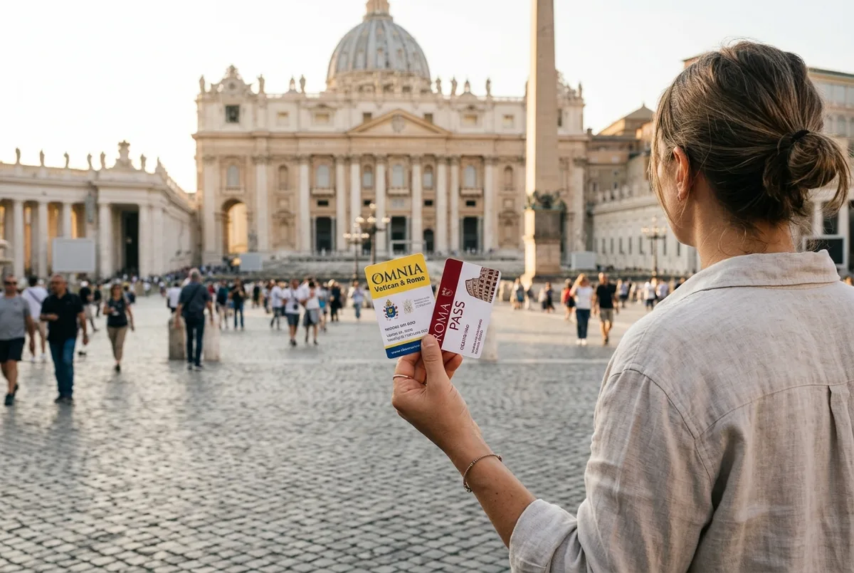 Viatgera consultant el mapa de roma amb la targeta omnia card roma a la mà davant la columnata de la plaça de sant pere, llum de migdia