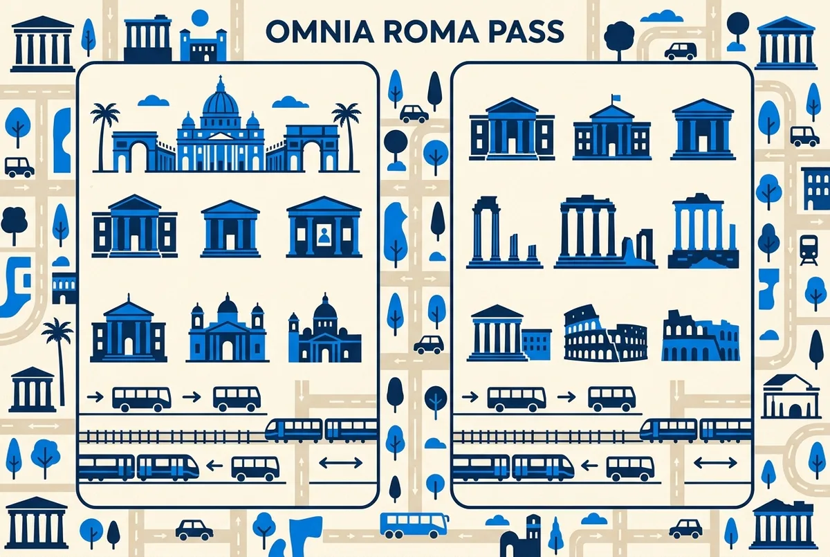 Infografia comparativa il·lustrada entre l'omnia card roma i el roma pass mostrant transport, museus del centre de roma, museus vaticans i bus turístic amb icones simples de sí i no