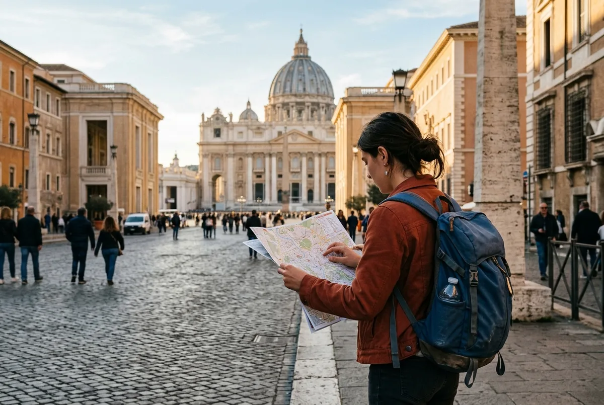 Traveler with a daypack checking a paper map near St Peter's Square with St Peter's Basilica dome visible behind them, soft morning light, planning a trip to the vatican