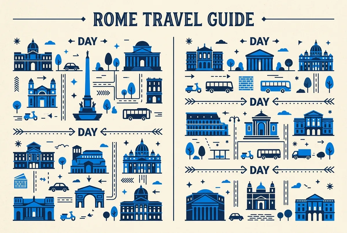 Infographic timeline comparing a two day Rome itinerary against a three day itinerary side by side, generic day labels and attraction icons only, no prices