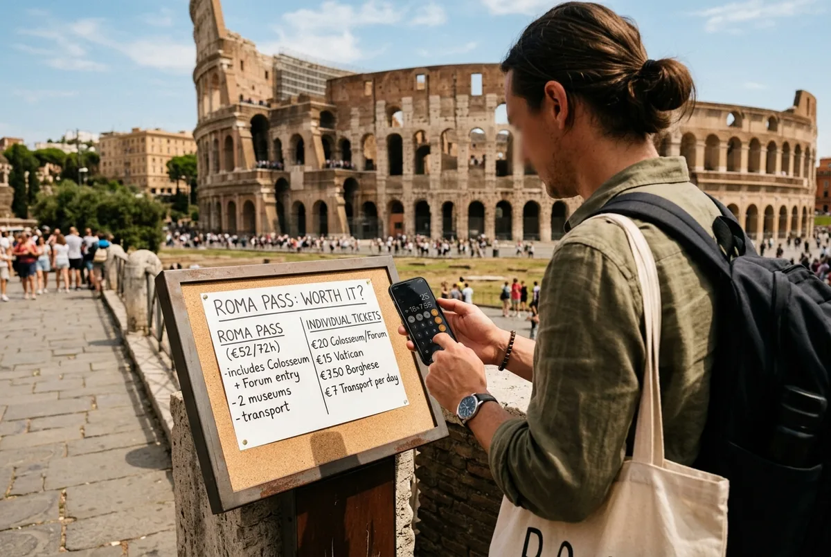 Traveler doing quick math on a phone calculator next to a roma pass worth it comparison, Colosseum visible in the background, midday Rome
