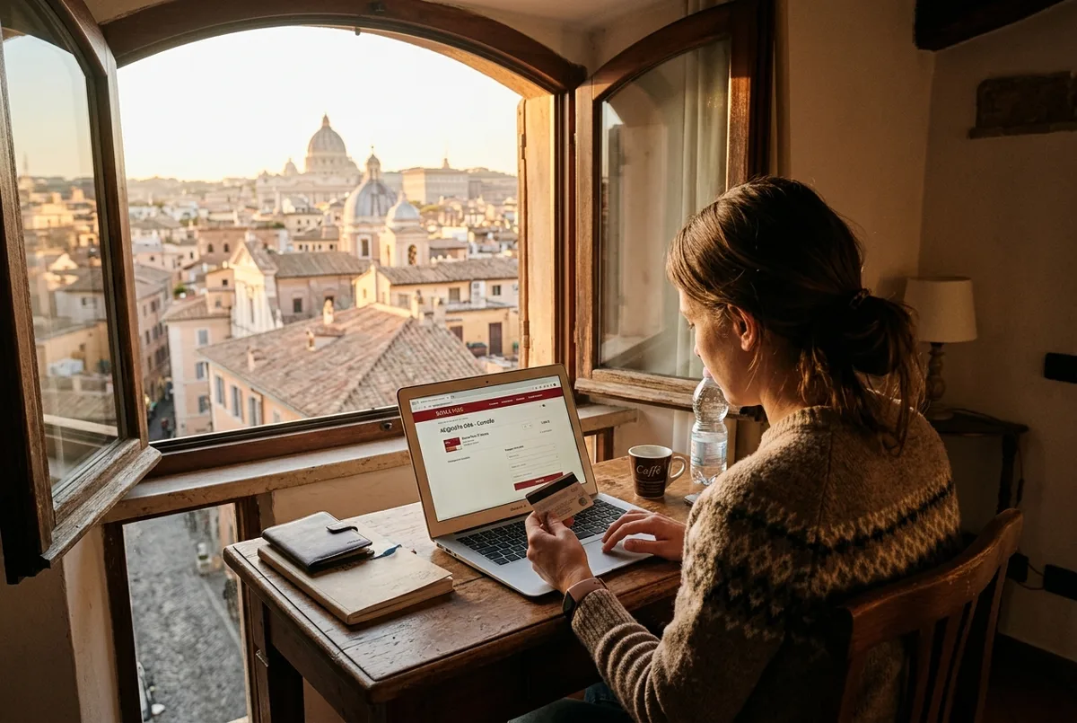 Traveler completing a roma pass official site purchase on a laptop in a Rome hotel room, city rooftops visible through the window