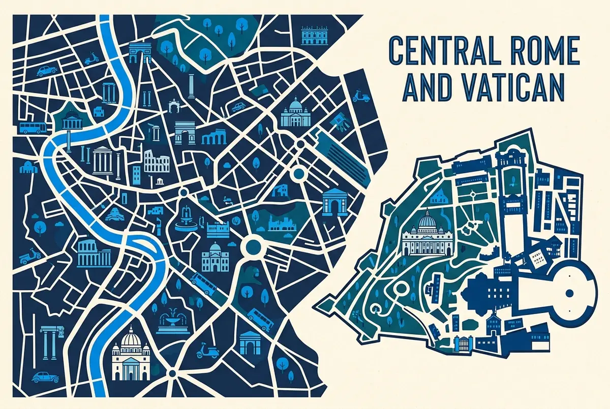 Map style infographic showing central Rome's civic attraction network on one side and the separate walled boundary of Vatican City on the other, generic labels and icons only, no prices