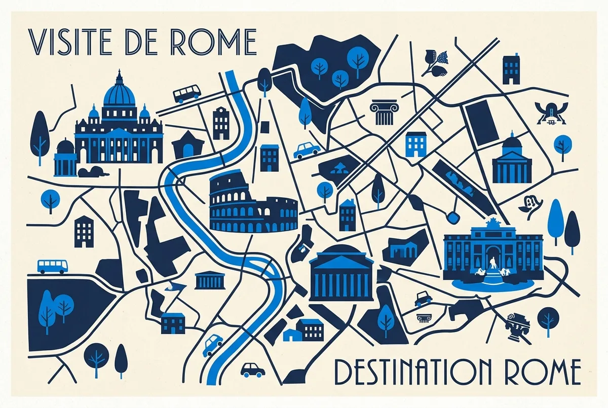 Infographie représentant les grands monuments de Rome positionnés sur un plan simplifié, Vatican, Colisée, Panthéon et fontaine de Trevi, étiquettes génériques sans prix, scène carte touristique rome
