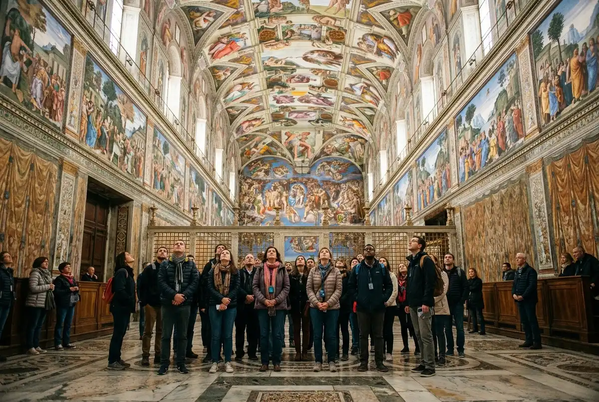 Visitors standing quietly beneath the Sistine Chapel ceiling looking upward, soft interior lighting, sistine chapel tickets entry moment, no flash photography