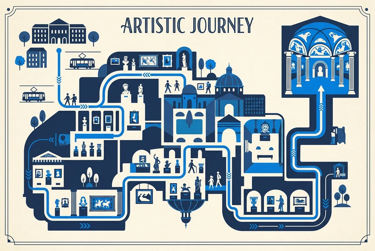 Simple route map showing a visitor's path from the Vatican Museums entrance through the main galleries, ending at the Sistine Chapel, sistine chapel entry route infographic style