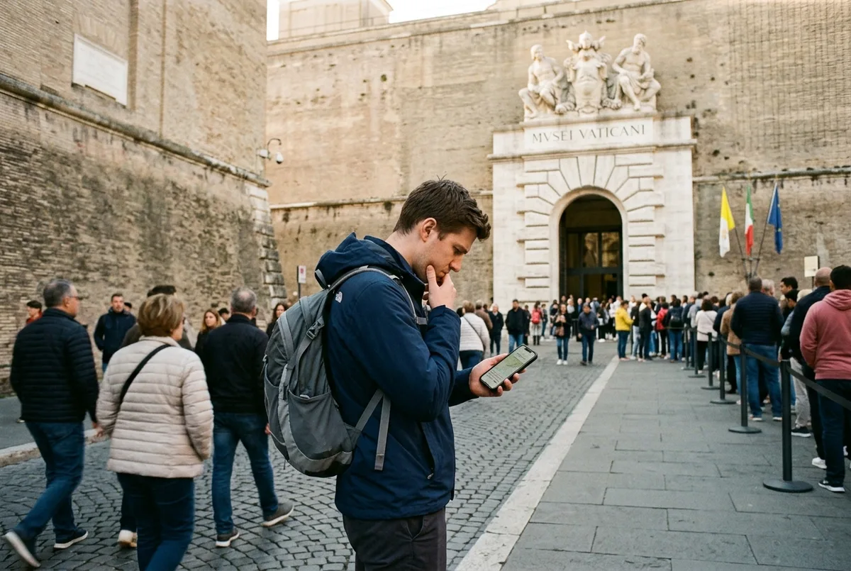 Viajero comprobando el móvil, confundido, frente a la entrada de los Museos Vaticanos, preguntándose si se puede visitar solo la capilla sixtina, luz suave de mañana en Roma
