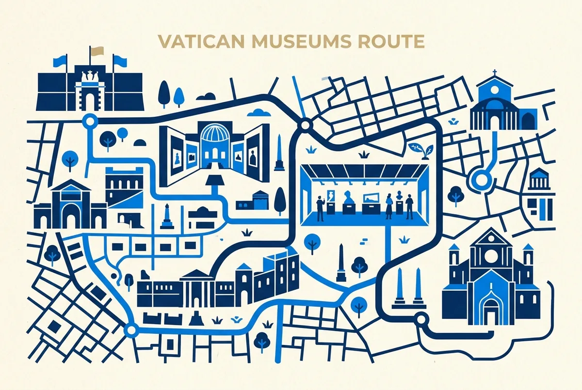 Mapa del recorrido de los Museos Vaticanos hasta la Capilla Sixtina, con la entrada, el Museo Pío Clementino, la Galería de los Mapas y la capilla marcados en orden