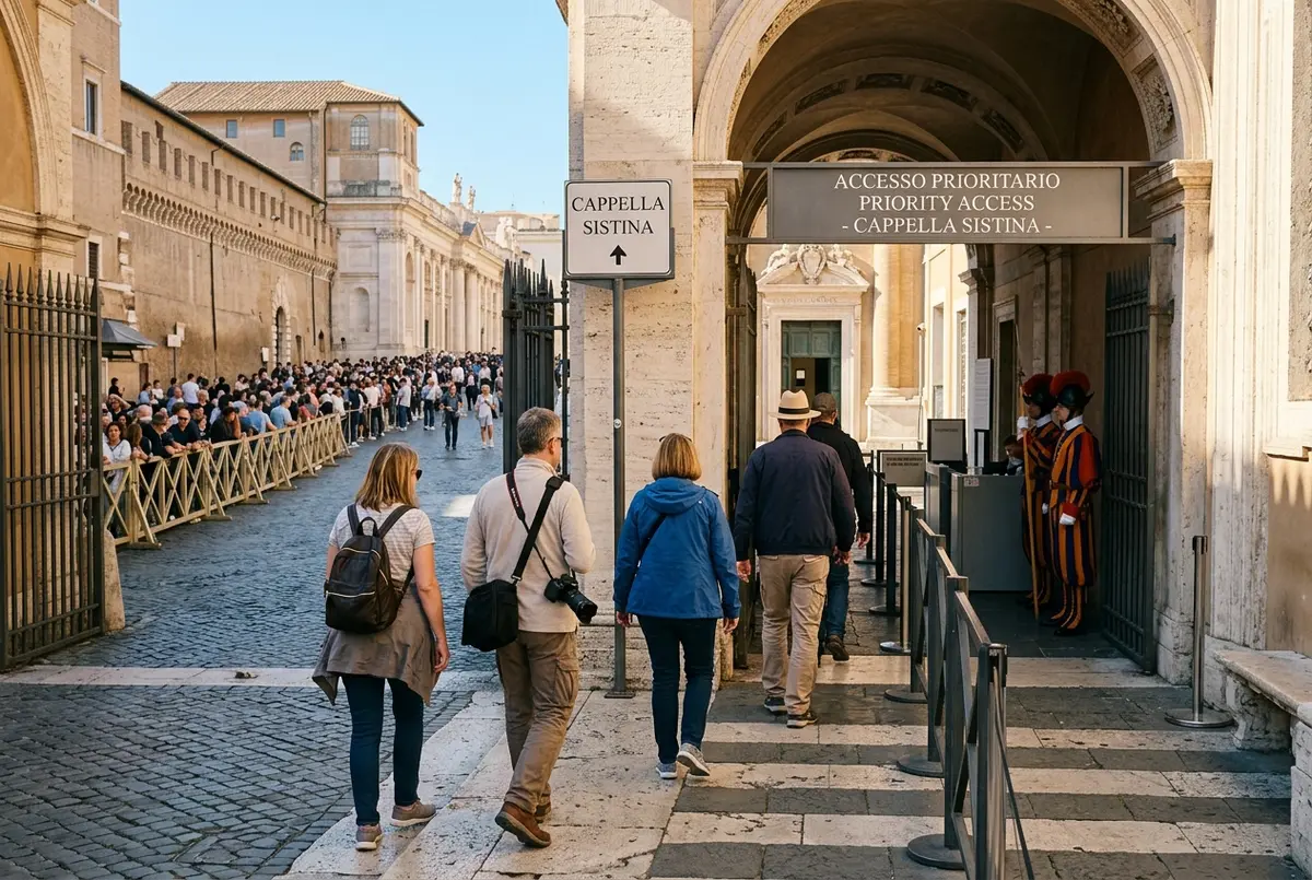 Grupo de visitantes accediendo por el carril prioritario a la capilla sixtina sin colas, guardias vaticanos al fondo, mañana en Roma