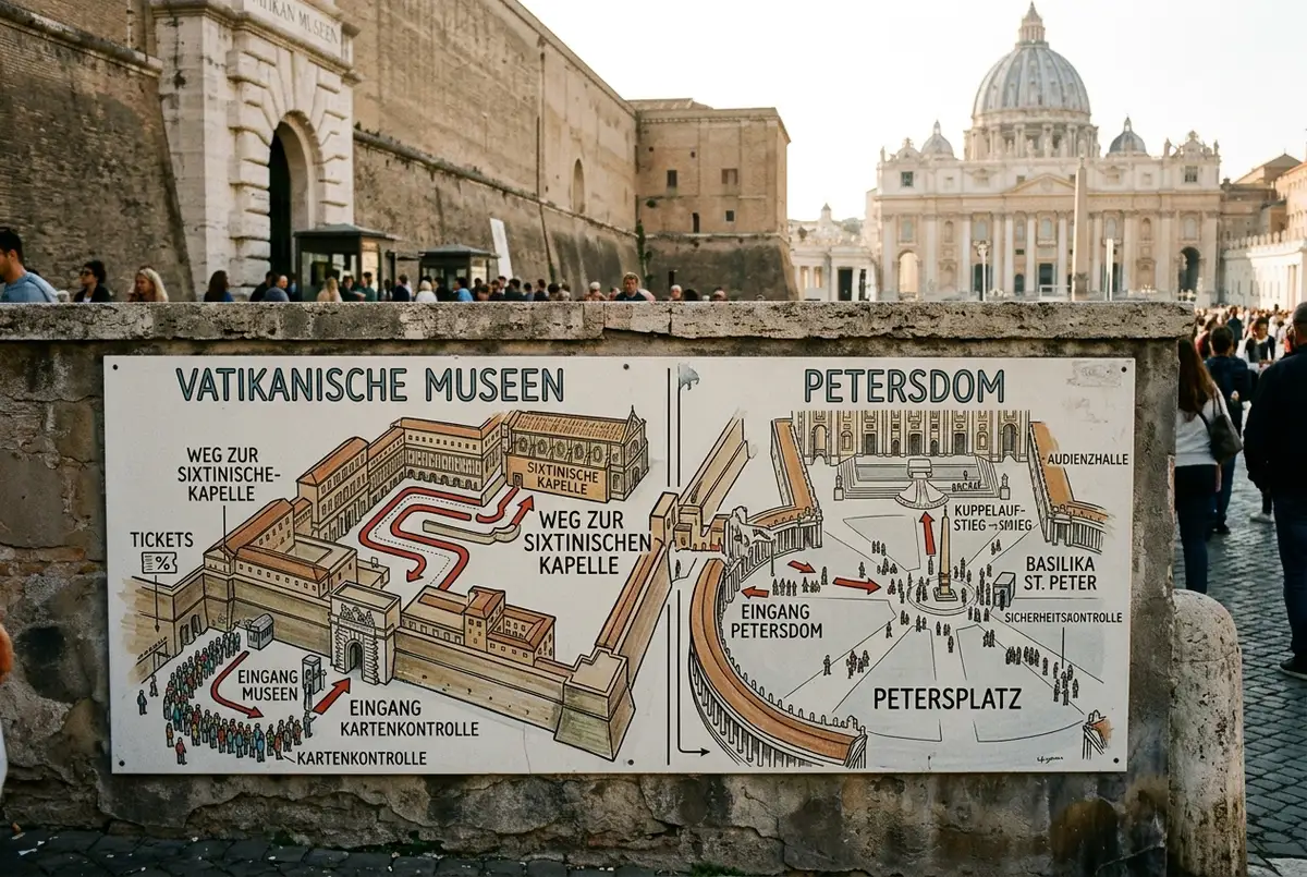 Schema-Grafik mit zwei getrennten Eingangsbereichen: Vatikanische Museen mit Weg zur Sixtinischen Kapelle und separater Eingang zum Petersdom, allgemeine Beschriftungen ohne Preise