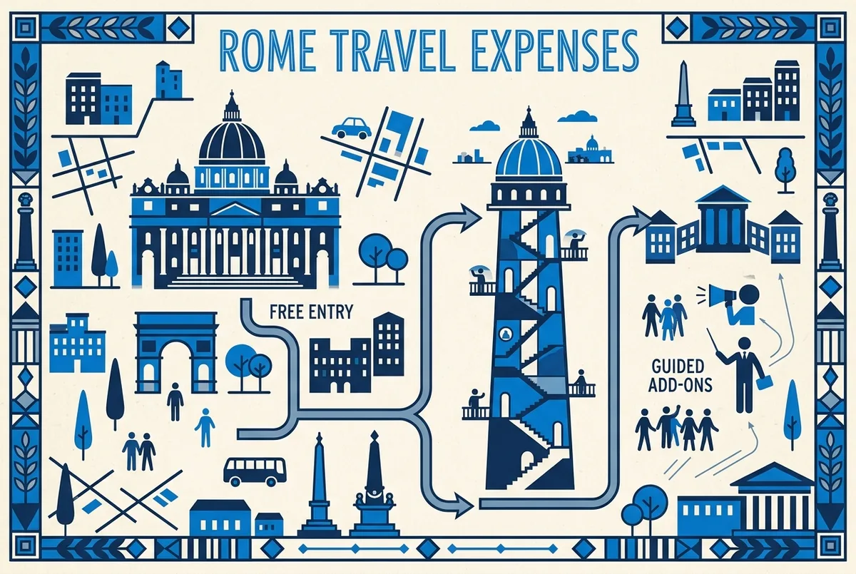 Infographic breaking down what drives St. Peter's Basilica pricing: free entry, dome climb tiers, and guided add-ons