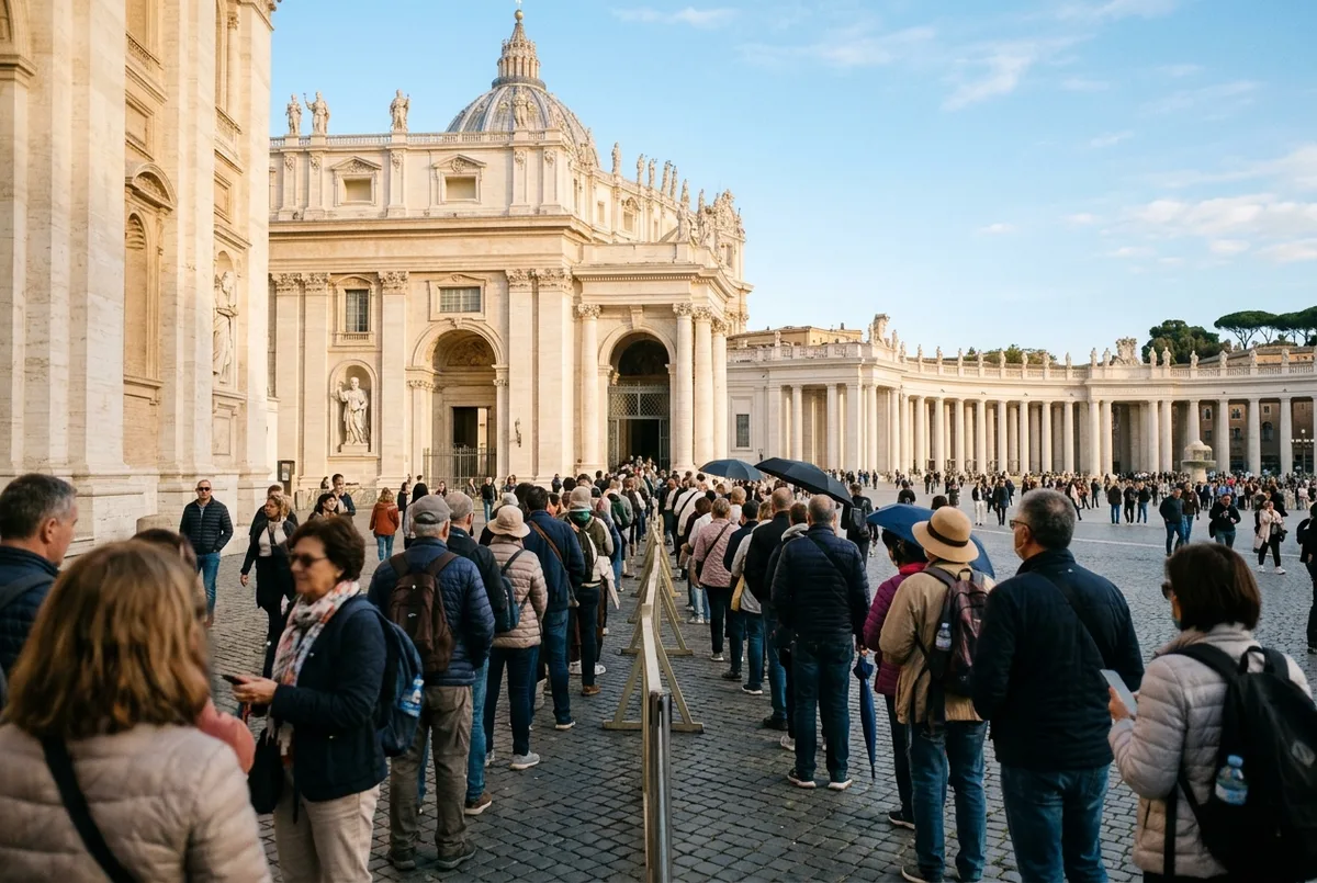 Tourists queuing in the open air beside St Peter's Basilica's colonnade at midday under bright sun, waiting to pass through the security skip the line checkpoint