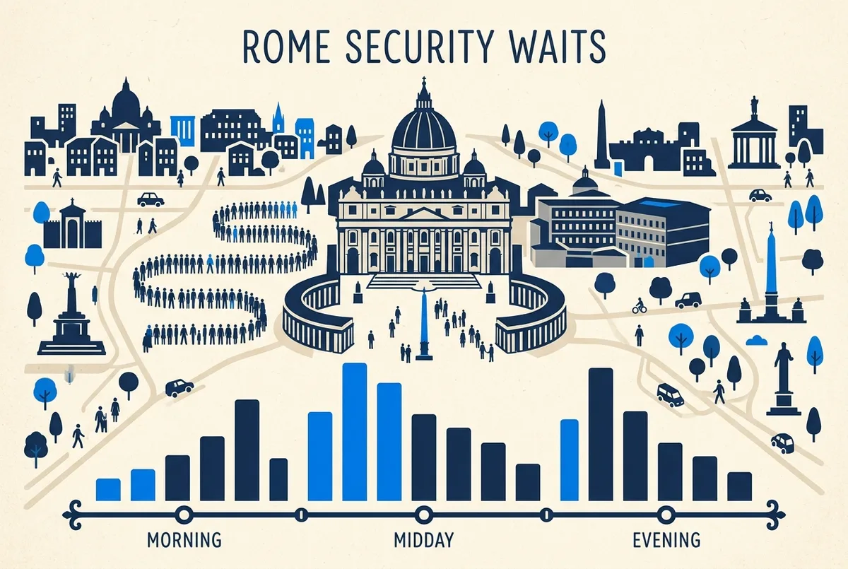 Infographic bar chart comparing typical St Peter's Basilica skip the line security queue wait across morning, midday and evening visitor windows