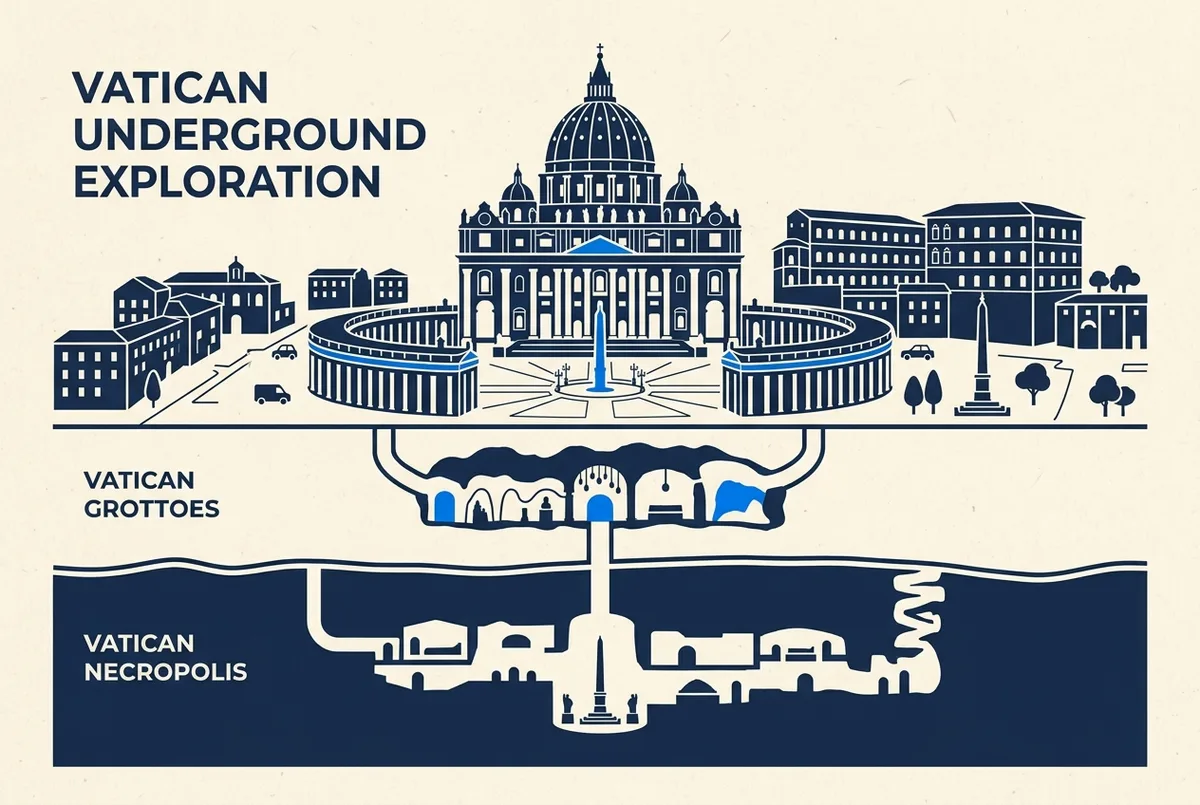 Infographic map showing St. Peter's Basilica above ground, the Vatican Grottoes just below it, and the deeper Vatican Necropolis excavation, each with its own access rules