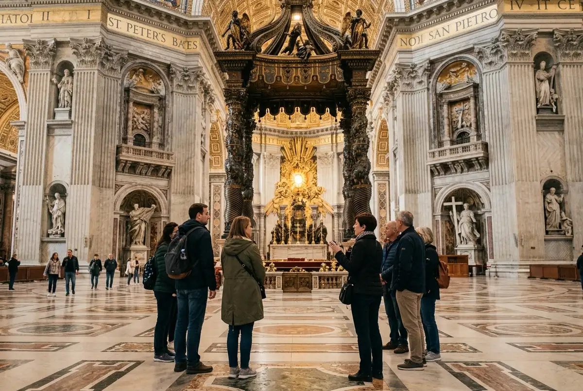 Small tour group listening to a guide beneath Bernini's bronze Baldacchino inside St. Peter's Basilica, soft natural light through the dome, st peter's basilica tour moment
