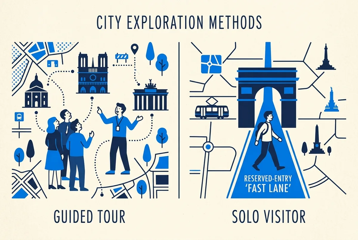 Simple comparison graphic contrasting a guide pointing out architectural details to a small group against a solo traveler walking a reserved-entry fast lane, minimal editorial infographic style, no readable text