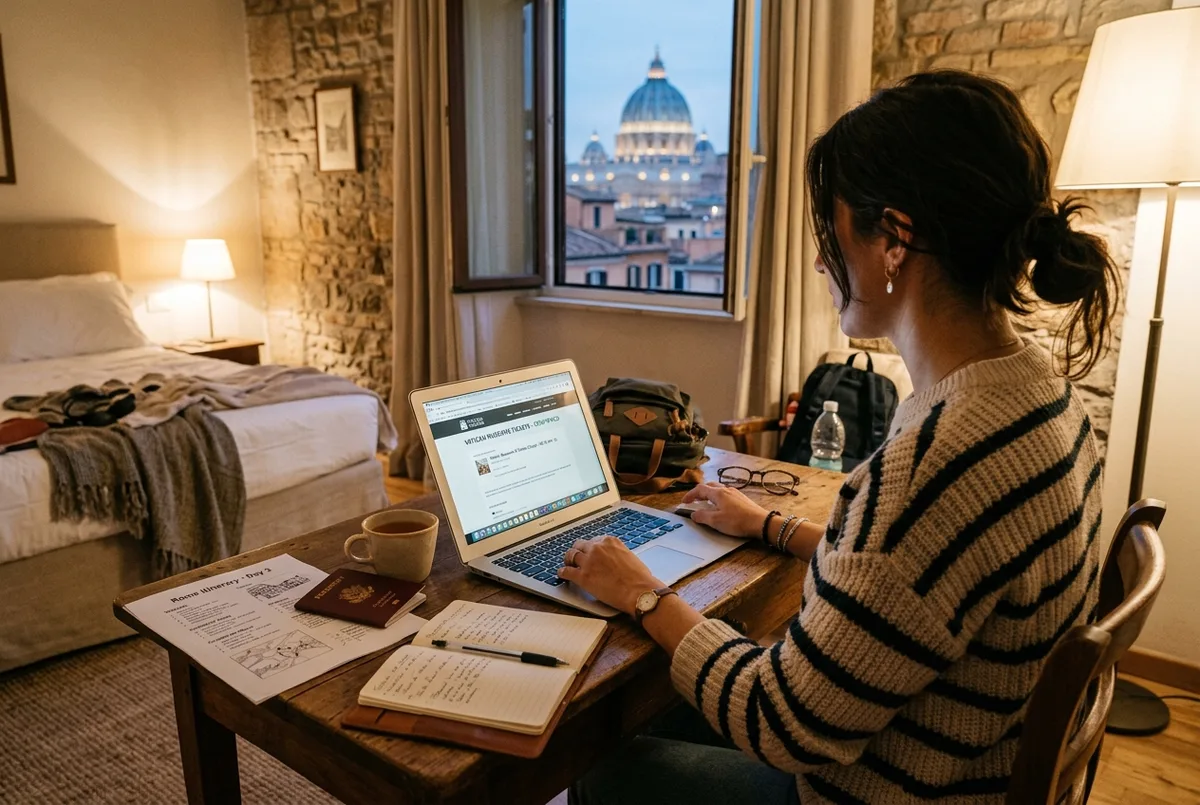 Viajero completando en el móvil el formulario para reservar entradas vaticano, sentado en una terraza cerca del Vaticano en Roma