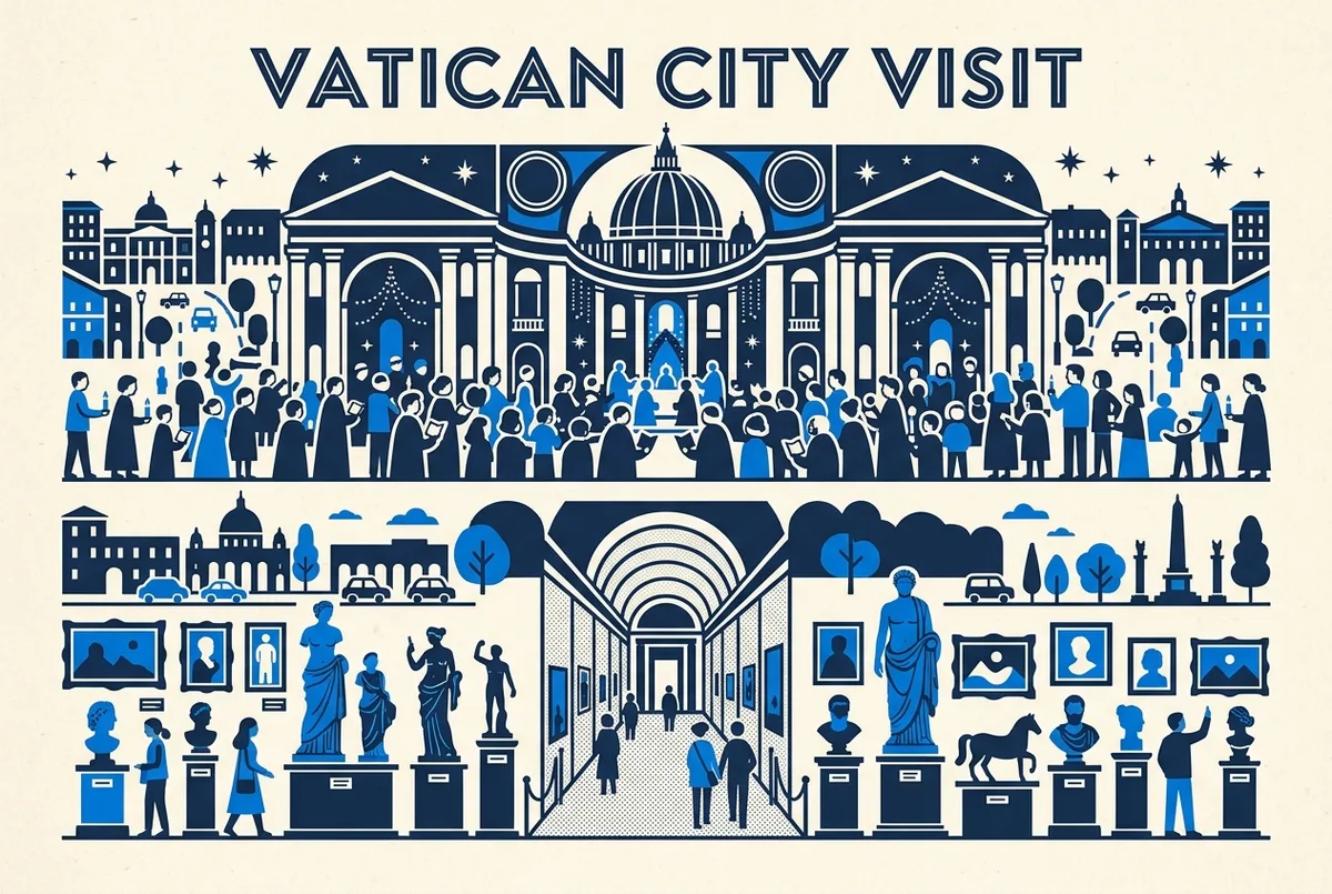 Infographic-style illustration comparing a crowded St Peter's Basilica interior at Christmas Eve mass with a calmer daytime Vatican Museums gallery, generic icons, no readable statistics or prices