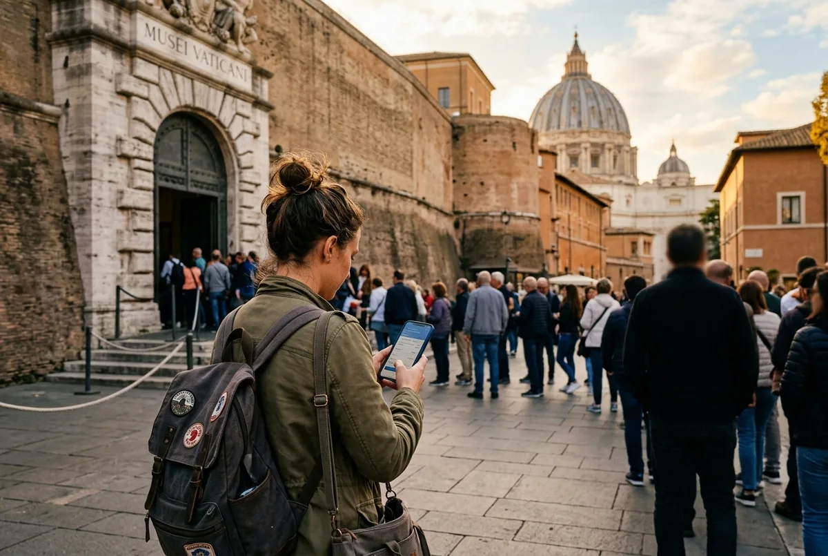 Gezgin telefonunda Roma turist kartı seçeneklerini karşılaştırıyor, arka planda Aziz Petrus kubbesi, vatikan pass karar anı