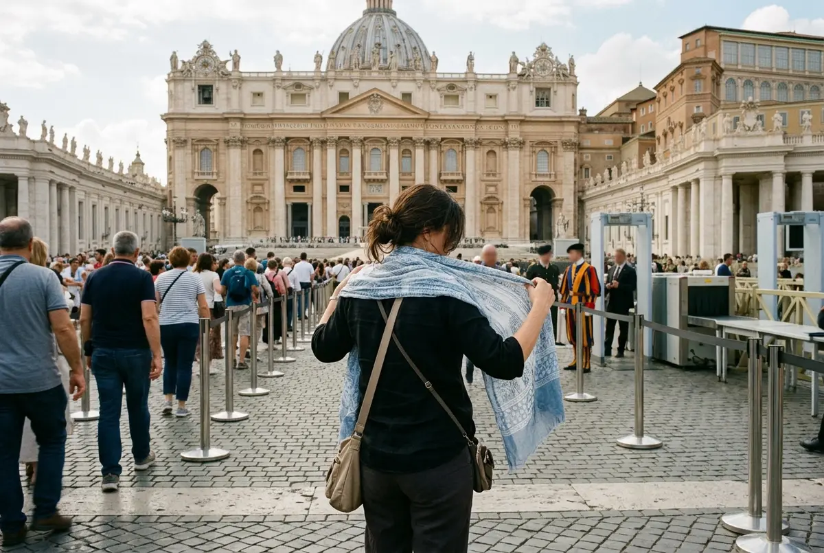 Woman draping a light scarf over her shoulders outside Vatican security, St Peter's Square colonnade behind her in soft morning light, vatican dress code moment