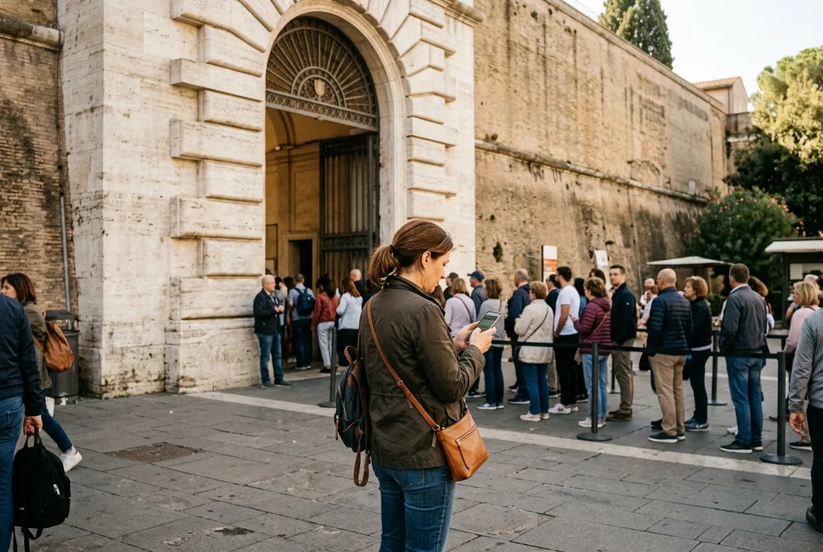 Traveler checking a phone near the Vatican Museums entrance gate on Viale Vaticano, morning light, vatican entrance tickets decision moment, no readable signage text
