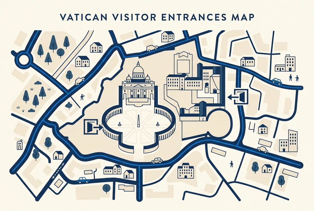 Simple labeled map showing Vatican City's two separate visitor entrances, the free St Peter's Square entrance and the paid Vatican Museums entrance on Viale Vaticano, minimal editorial infographic style