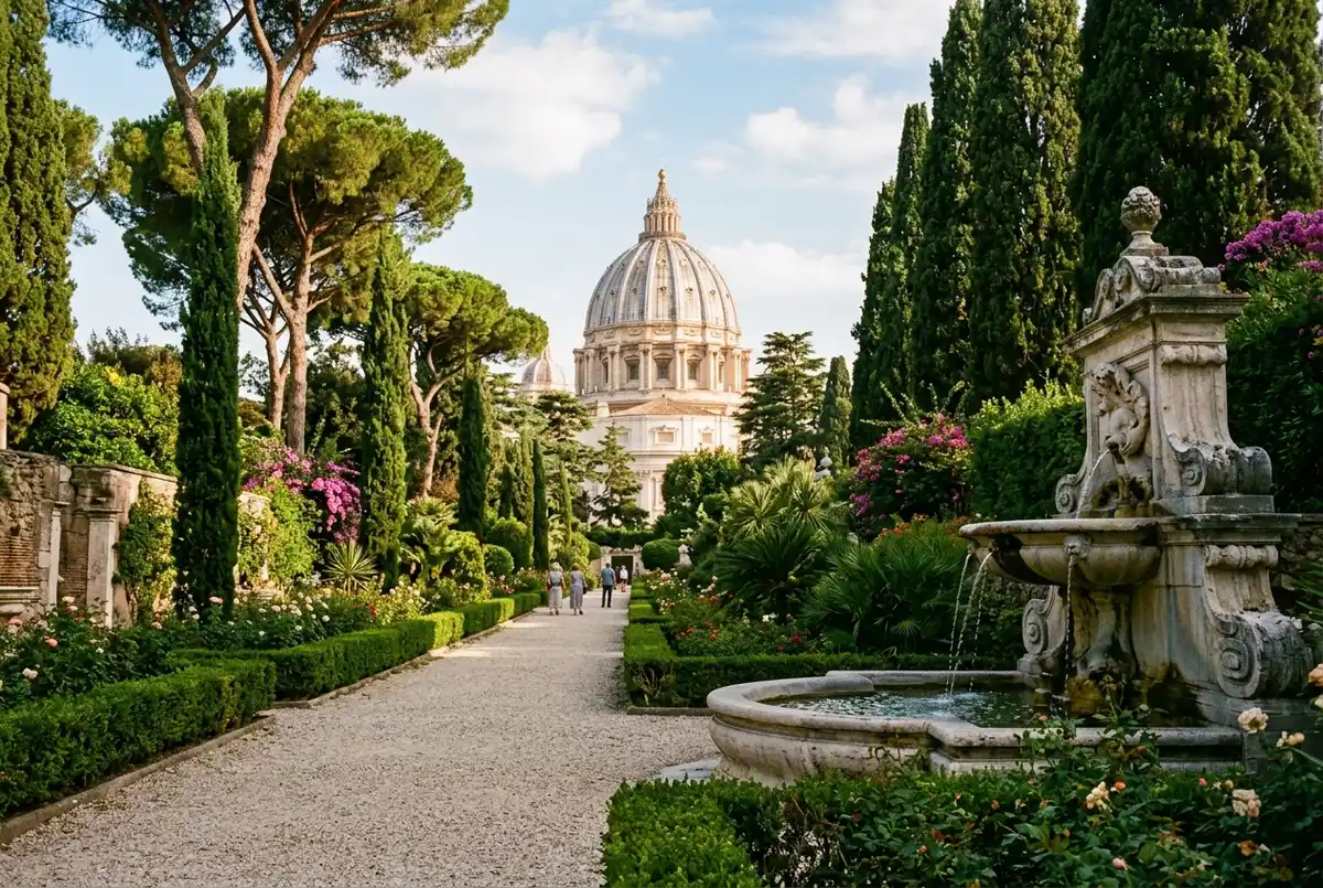 Visiteurs à bord d'un petit bus ouvert traversant les jardins du Vatican bordés de fontaines et de pins parasols, vue sur la coupole de la basilique Saint-Pierre au loin, scène jardins du vatican billets