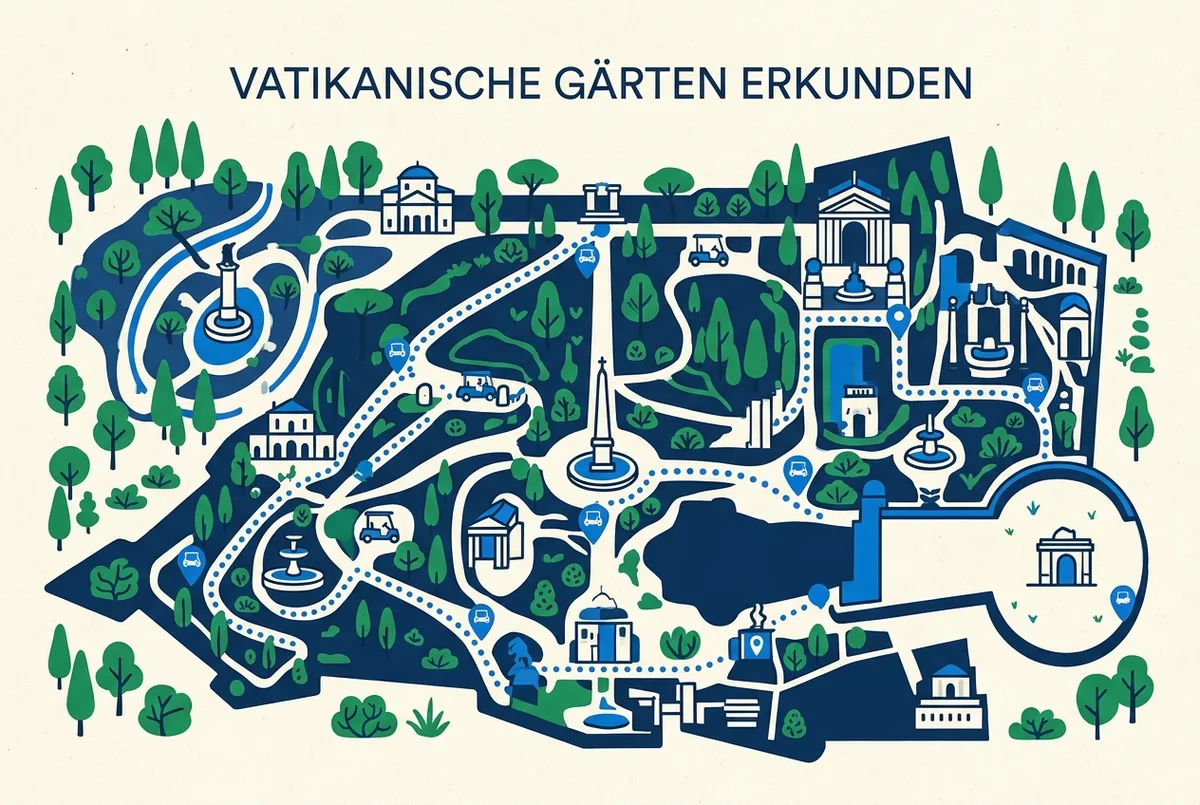 Infographie comparant la visite des jardins du Vatican en bus ouvert et à pied, durée, rythme et arrêts commentés, silhouette de fontaines et de massifs de fleurs en arrière-plan, étiquettes génériques sans prix