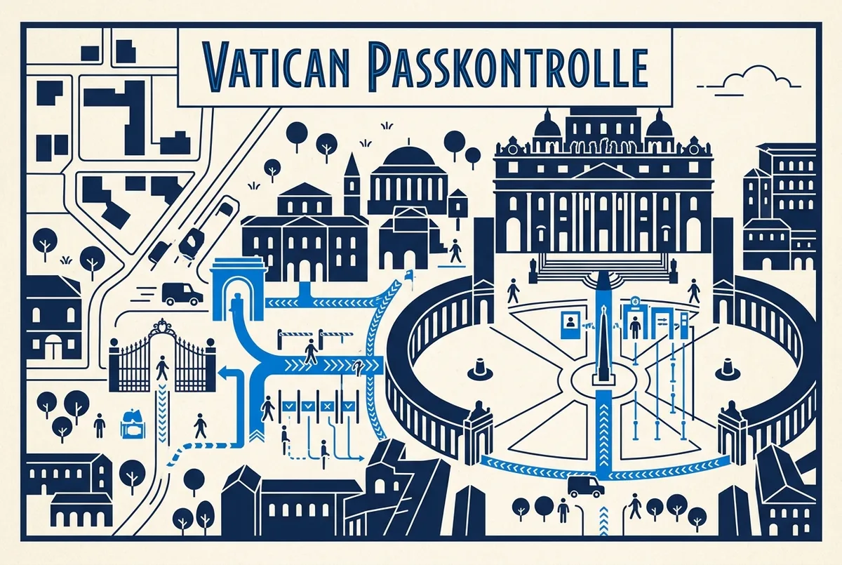 Schematische Darstellung der offenen Fußgängergrenze am Petersplatz gegenüber der Sicherheitskontrolle am Eingang der Basilika, allgemeine Beschriftung ohne konkrete Personen, vatikan passkontrolle Infografik
