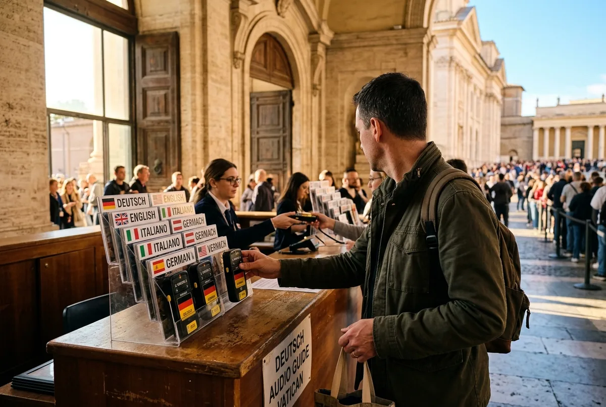 Reisender wählt am Museumseingang einen deutschen Audioguide für die vatikan führung deutsch Suche aus, warmes Morgenlicht am Eingang der Vatikanischen Museen