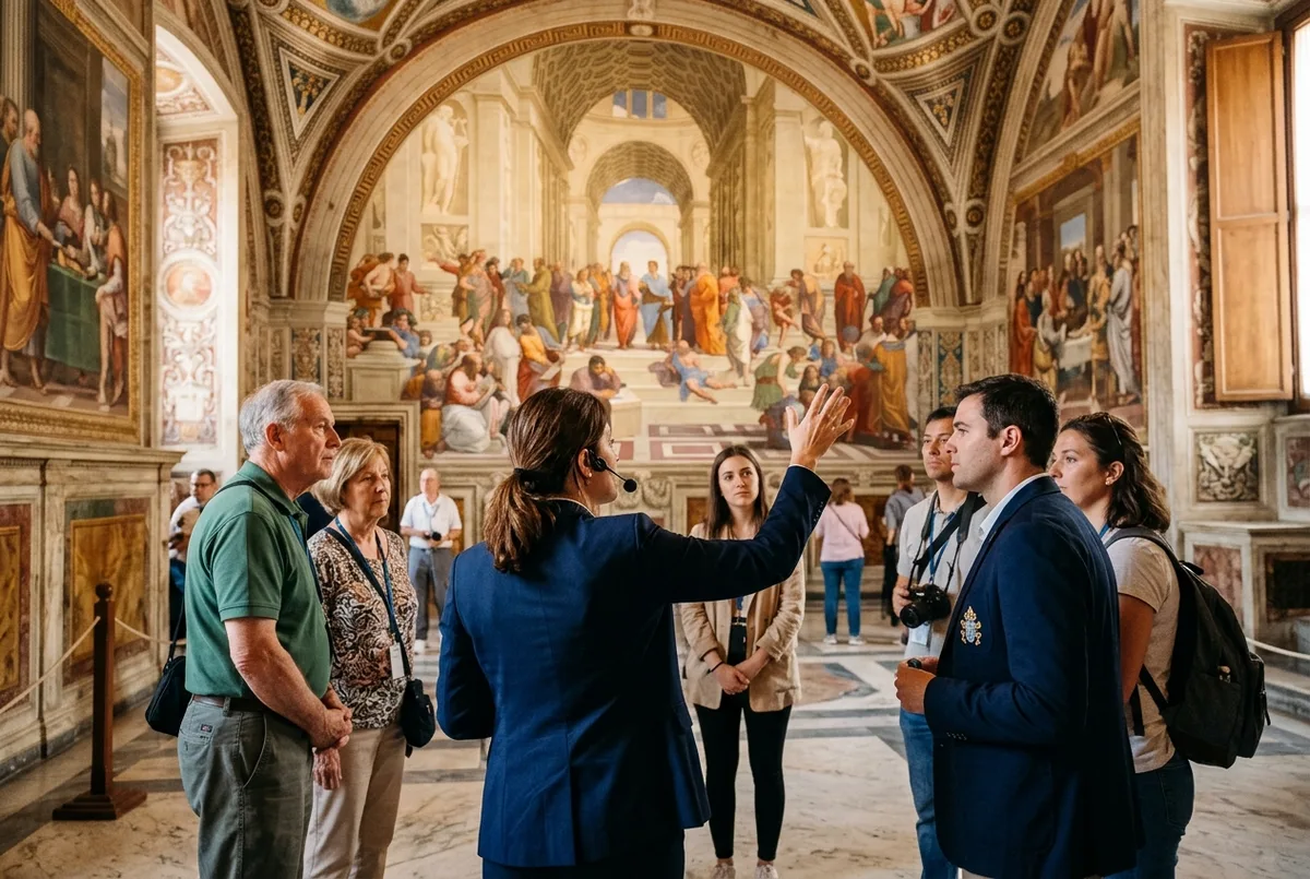 Licensed guide gesturing toward a fresco while a small tour group listens inside a Vatican Museums gallery, warm indoor light, vatican guided tour moment