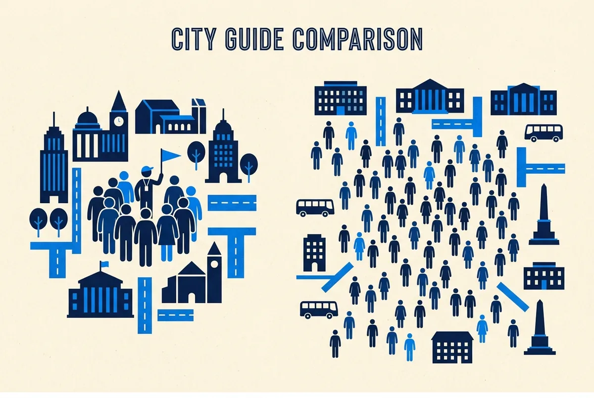 Infographic-style illustration comparing a small tight cluster of visitors around one guide against a large scattered crowd around a second guide, minimal editorial icon style, no readable text or statistics