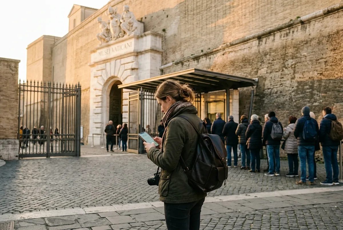 Traveler checking a phone schedule outside the Vatican Museums entrance early in the morning, soft golden light, vatican museums opening hours moment