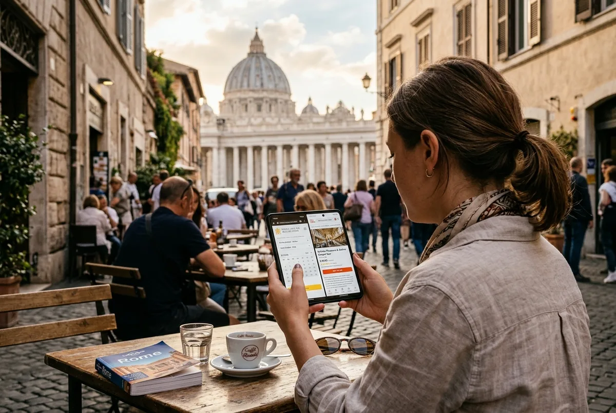 Scena divisa: viaggiatore che confronta la pagina del sito ufficiale musei vaticani biglietti con un'app di un rivenditore sullo smartphone, Roma