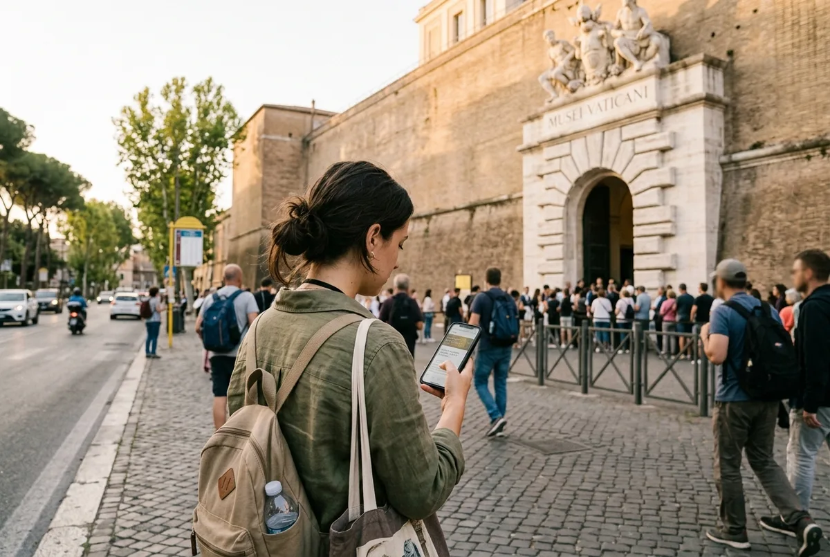 Traveler checking the vatican museum ticket price on a phone outside the Vatican Museums entrance on Viale Vaticano, soft morning light in Rome