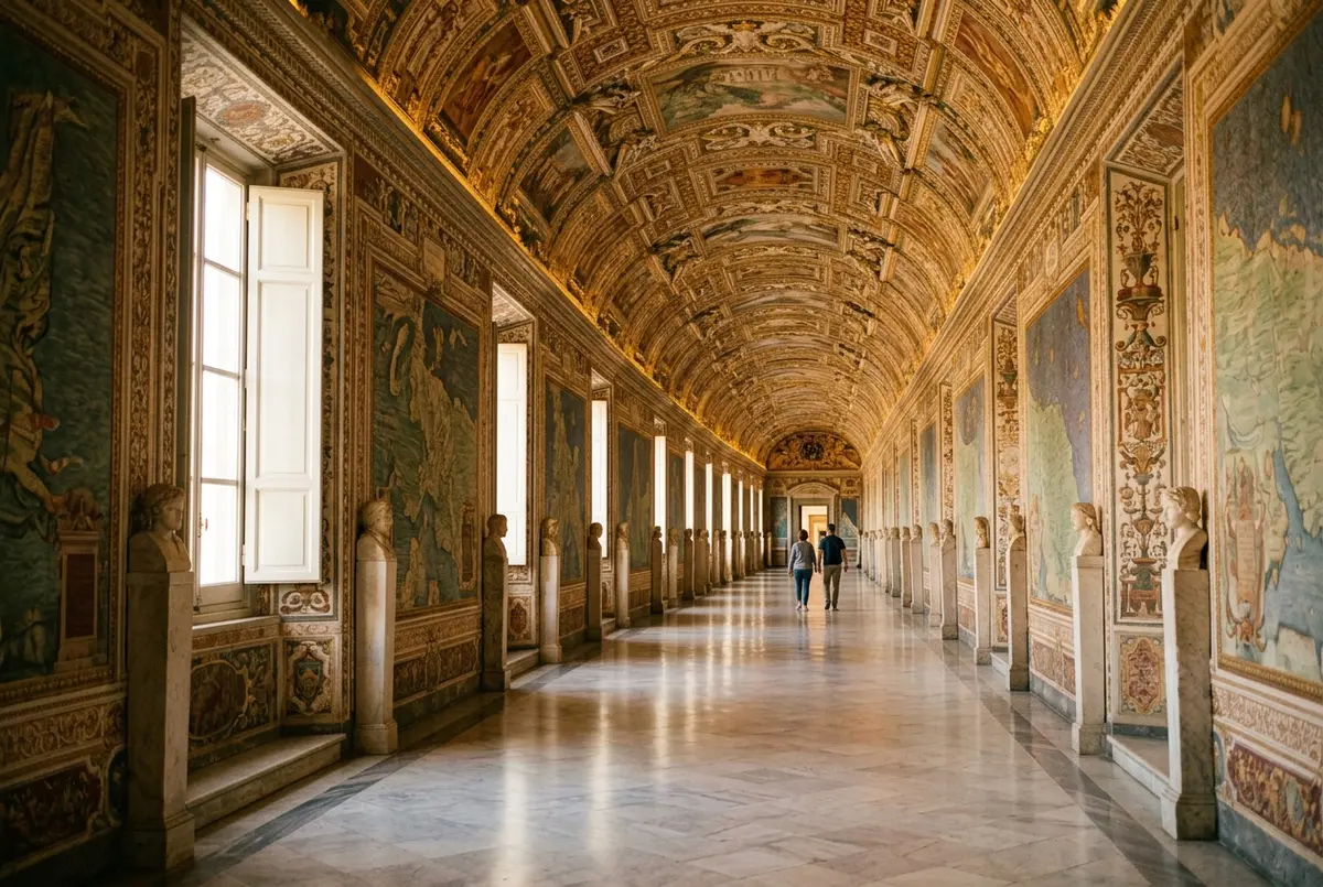 Nearly empty Vatican Museums gallery corridor with soft afternoon light streaming through tall windows, one or two distant visitors, quiet mood, best time to visit vatican museums