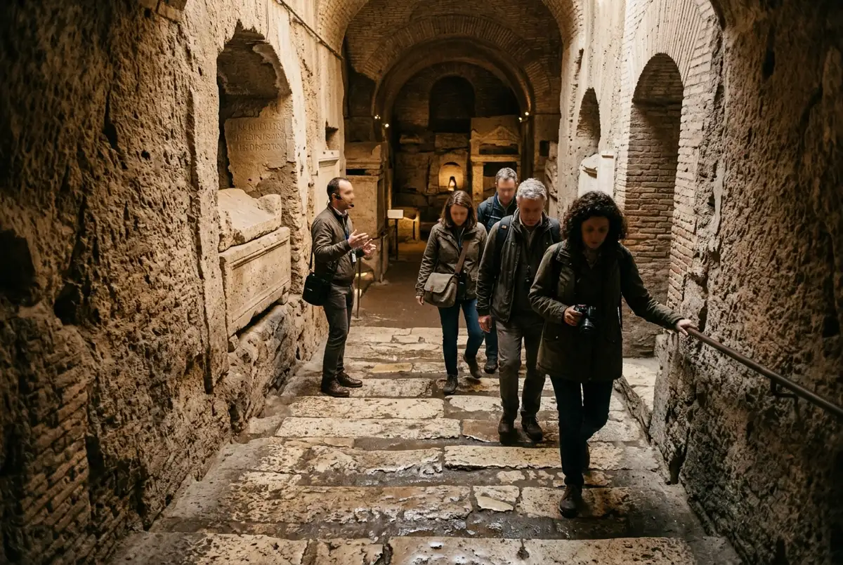 Small group descending stone steps into the dim excavated Vatican necropolis beneath St Peter's Basilica, warm lamplight on ancient mausoleum walls, vatican necropolis tour moment