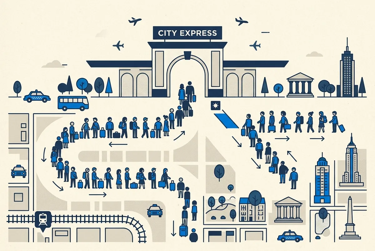 Infographic-style illustration of two lines merging toward one entrance, a long line labeled generically as standard queue and a short line labeled priority lane, minimal editorial icon style, no readable text or statistics
