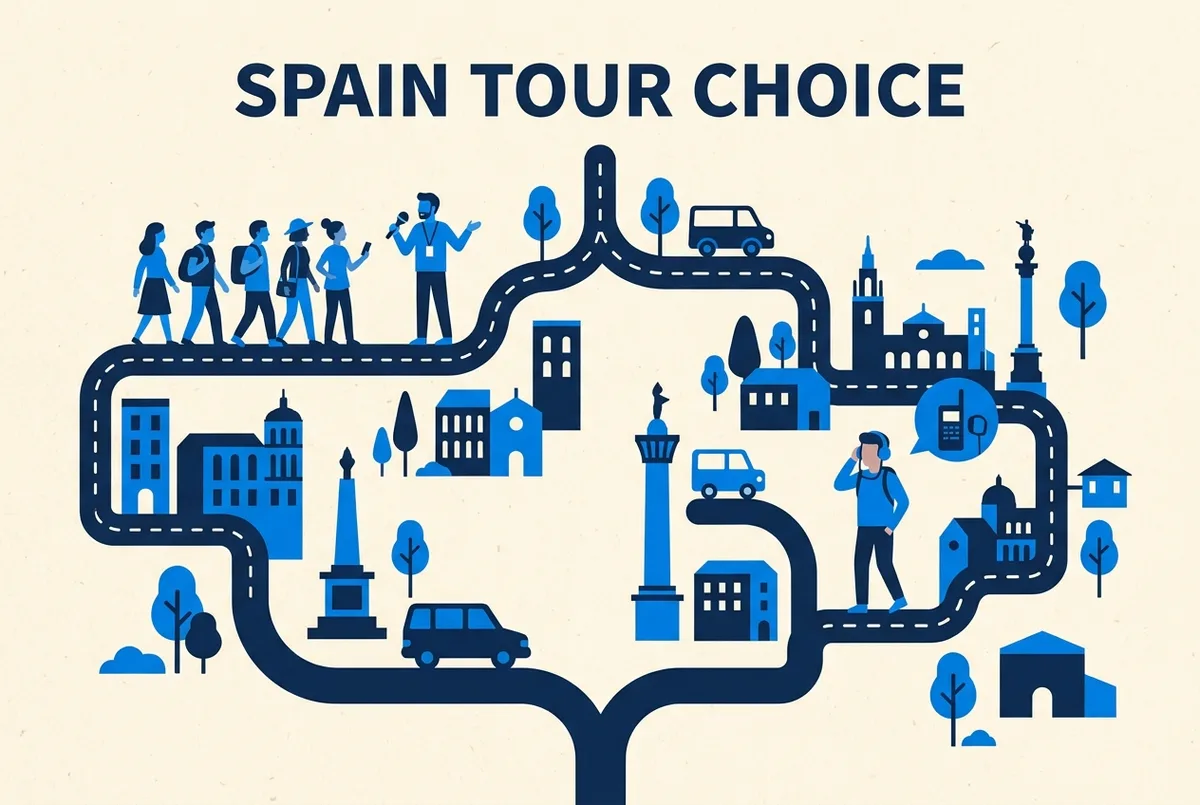 Infografía comparando en un árbol de decisión tour con guía en español en directo frente a audioguía en español, con iconos genéricos de grupo y auriculares