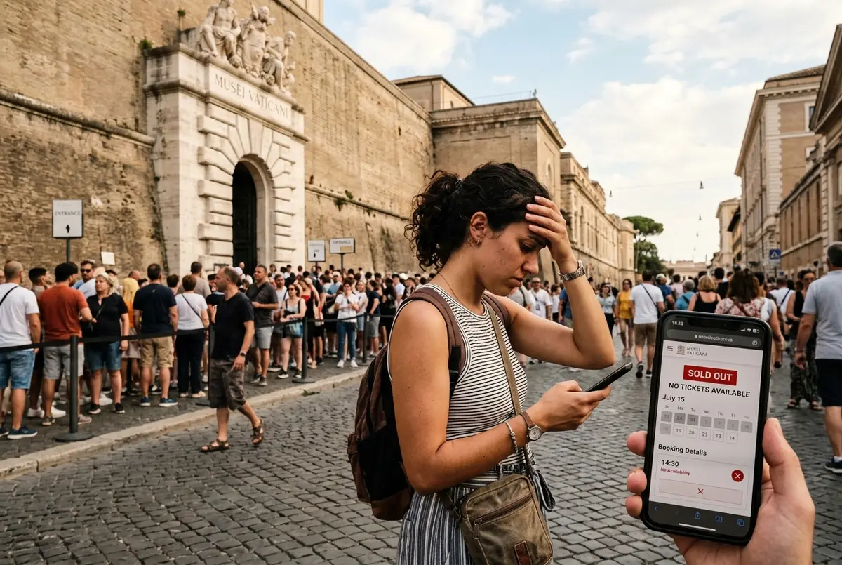 Frustrated traveler looking at a sold out booking screen on a phone outside the Vatican Museums, vatican tickets sold out scene in Rome