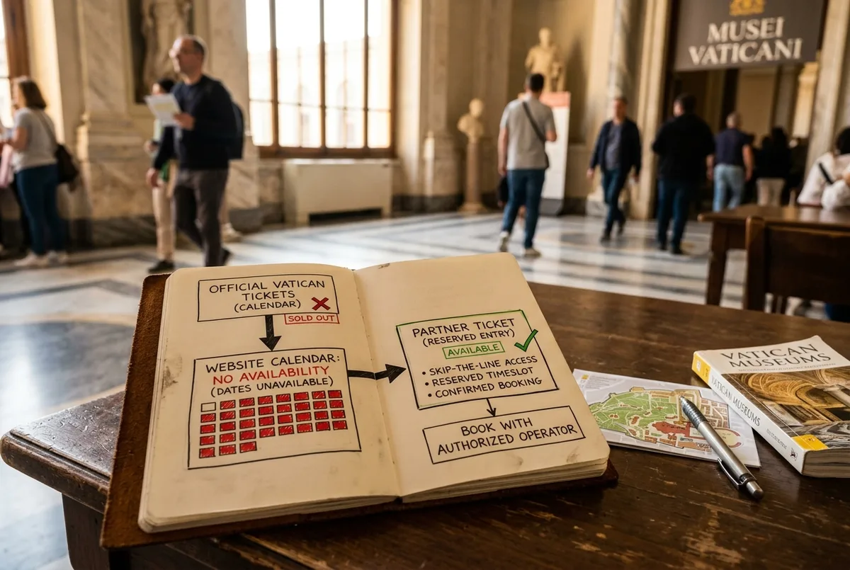 Flowchart graphic showing a sold out official Vatican ticket calendar branching into an available reserved entry partner ticket, generic labels only
